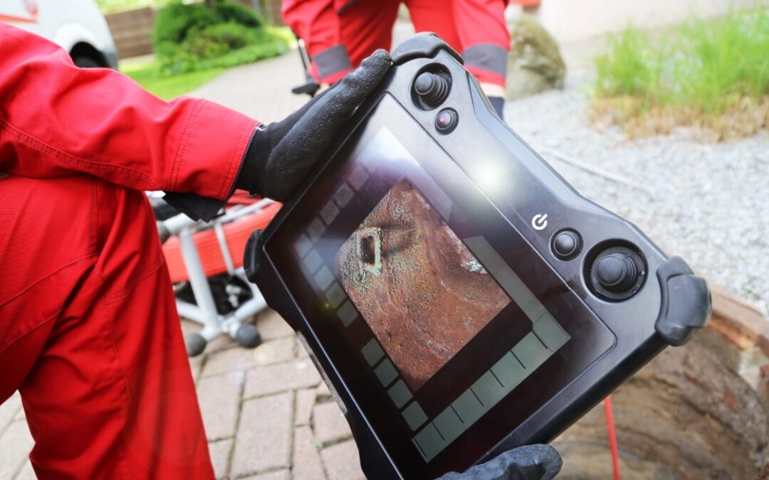sewer techs using a hand held display during a camera inspection