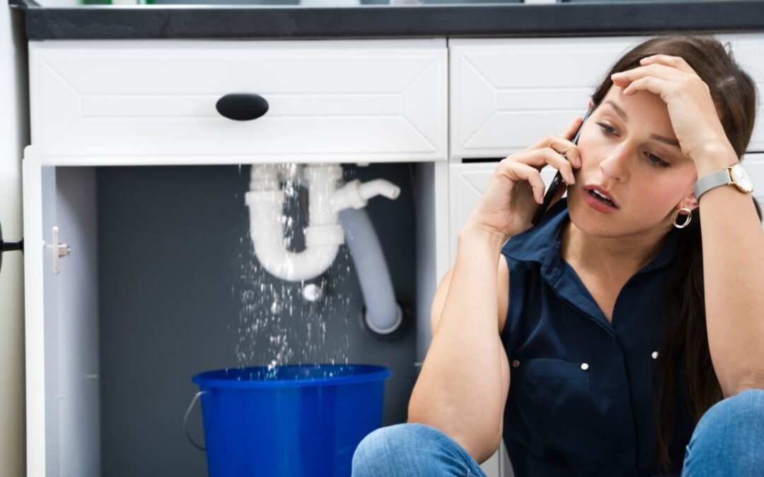 woman on the phone with a sink and leaking pipes in the background