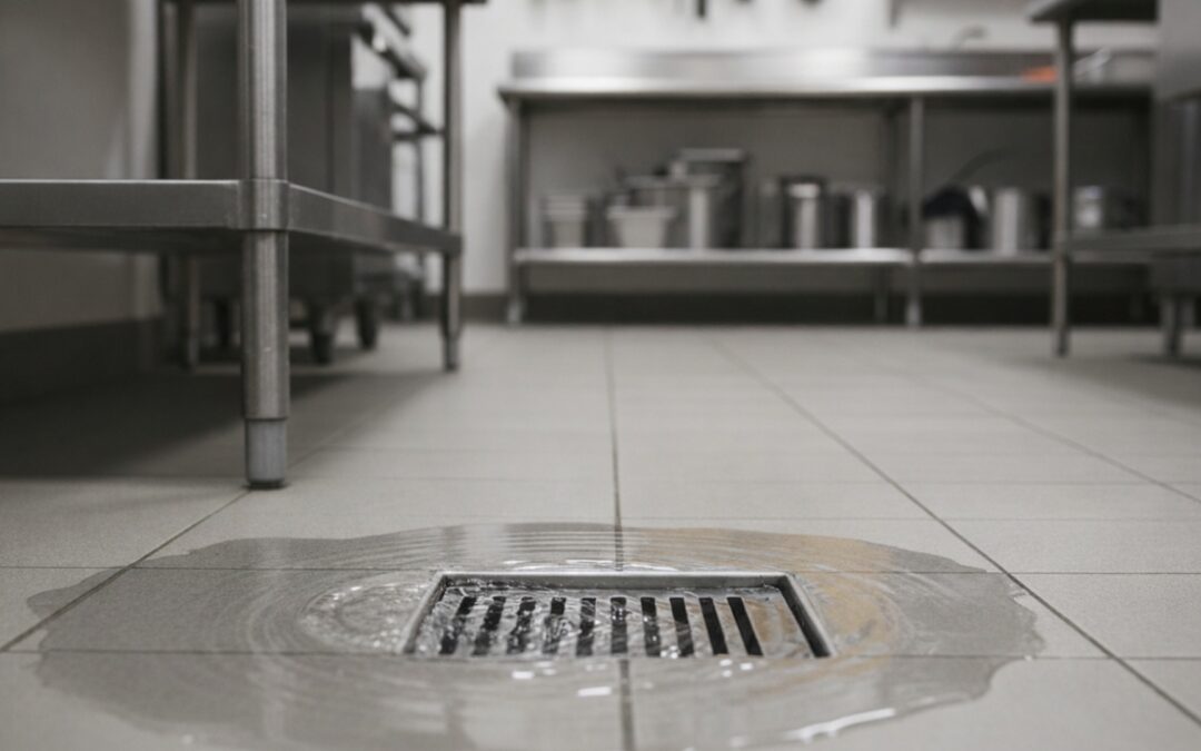 Commercial kitchen floor drain with clean water pooling around it, suggesting a slow drain and the need for commercial drain cleaning.