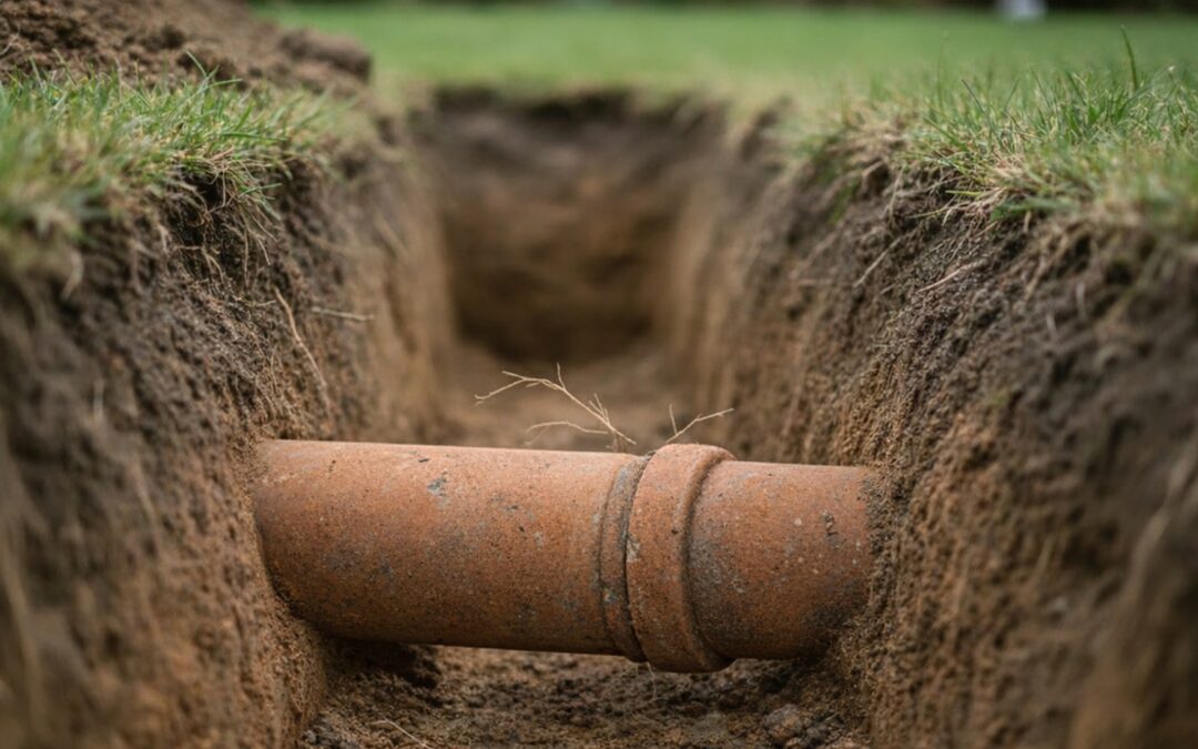 Yard trench exposing an aged terracotta clay sewer pipe joint with fine tree roots intruding at the connection.