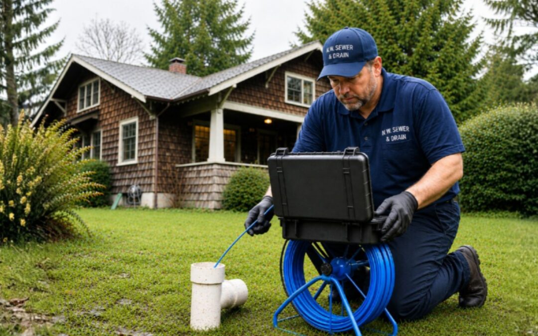 A plumber feeding a sewer camera cable into a cleanout pipe at an older craftsman home in the Pacific Northwest, performing a pre-purchase sewer scope inspection.