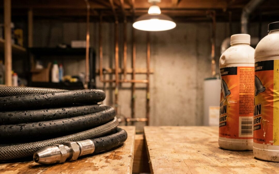 A hydro jetting nozzle and hose beside chemical drain cleaner bottles, representing the comparison between professional and DIY drain cleaning methods.